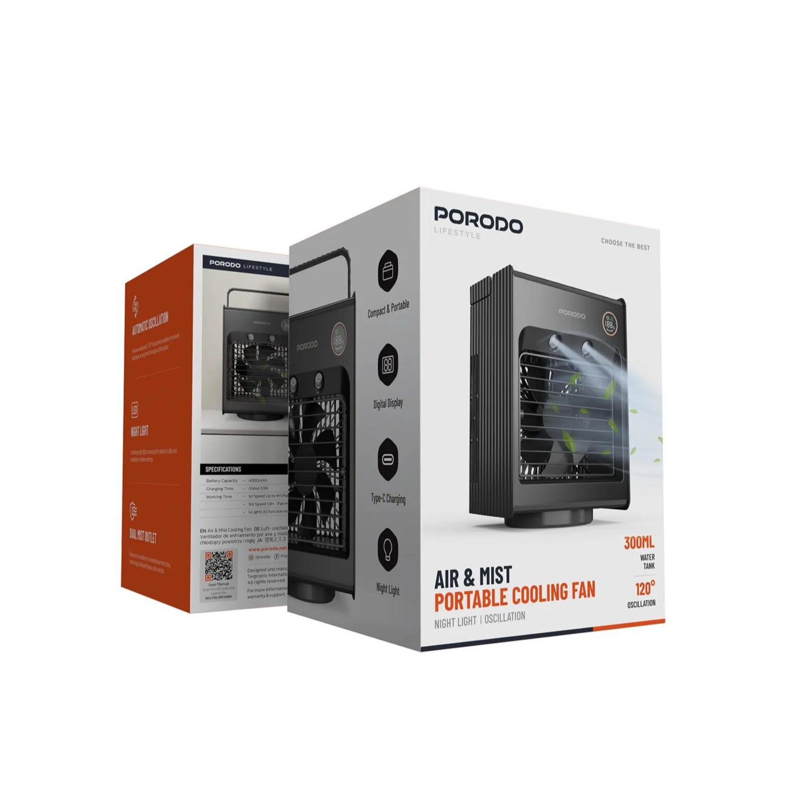Porodo Lifestyle Air & Mist Portable Cooling Fan With Night Light