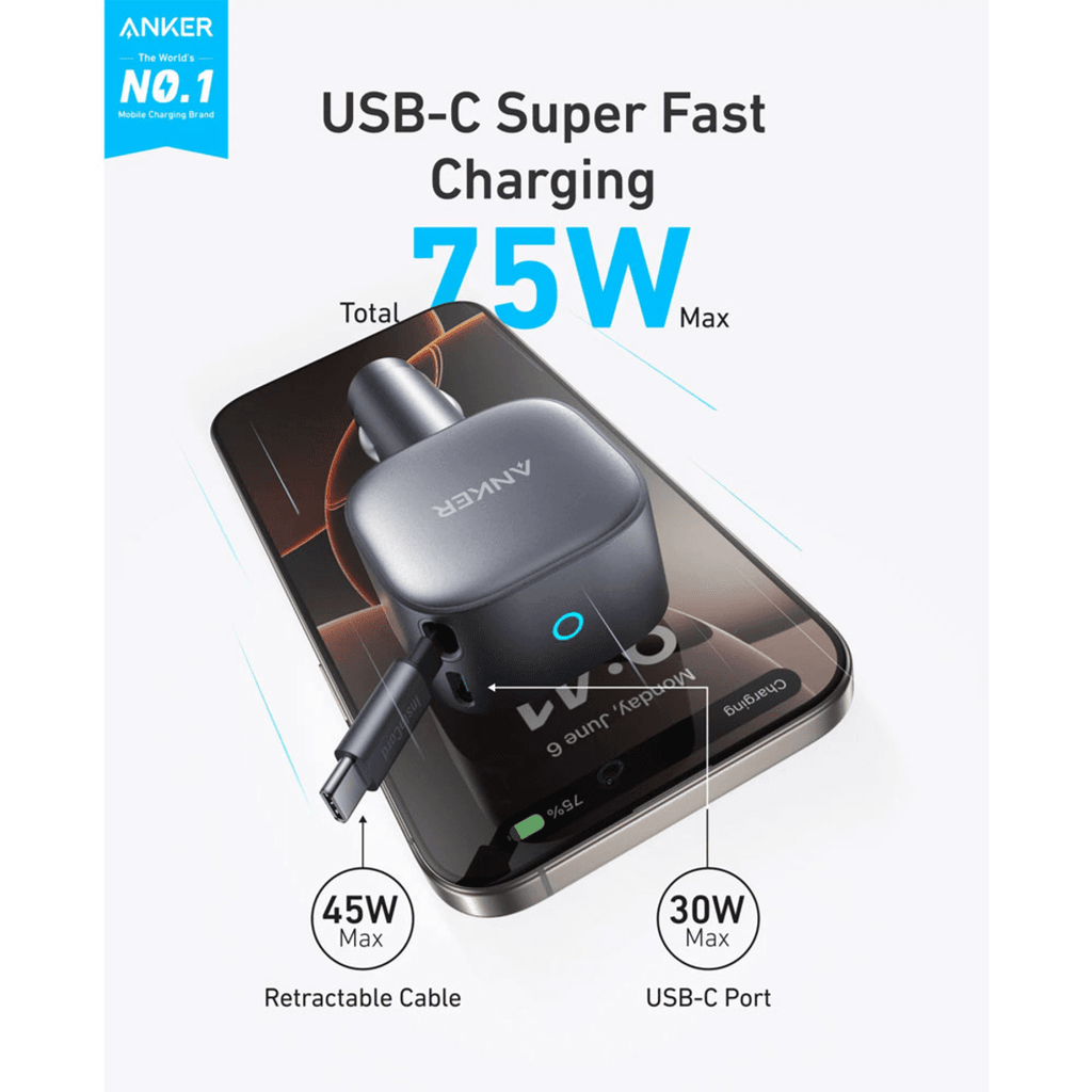 شاحن سيارة أنكر نانو مع كابل USB-C مدمج قابل للسحب 75 واط A2738ha1