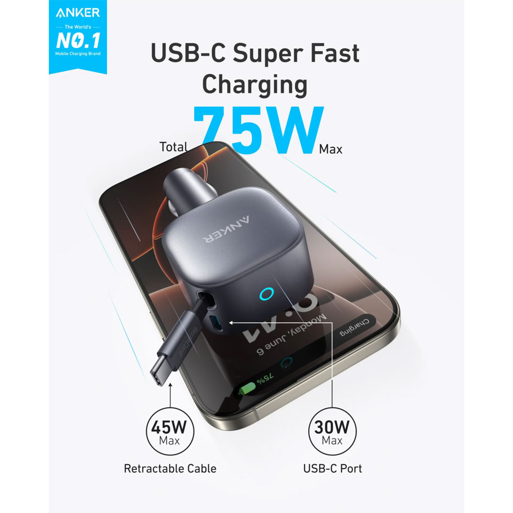 Anker Nano Car Charger With Built-in Retractable Usb-c Cable 75w A2738ha1