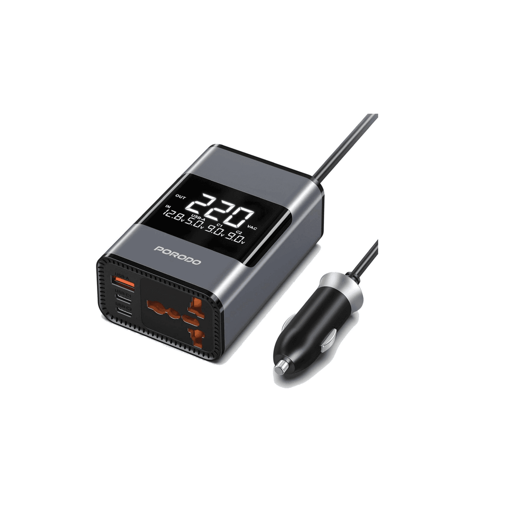 شاحن سيارة USB متعدد المنافذ Porodo Voltrush مع شاشة TFT وكابل قابل للسحب