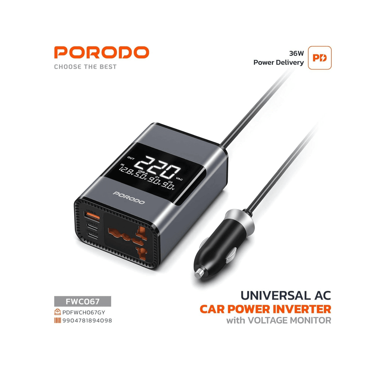شاحن سيارة USB متعدد المنافذ Porodo Voltrush مع شاشة TFT وكابل قابل للسحب