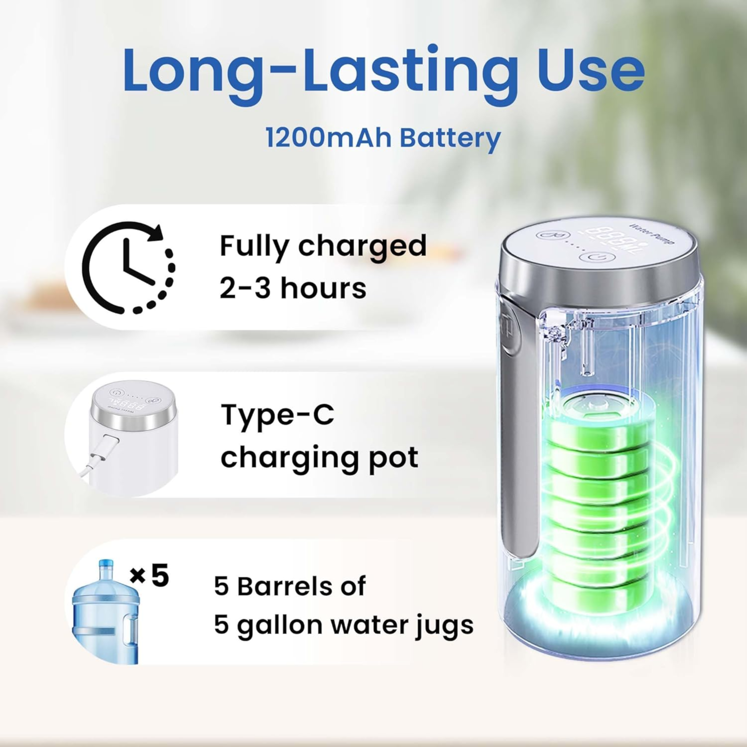 مضخة موزع المياه الكهربائية القابلة لإعادة الشحن بمنفذ USB