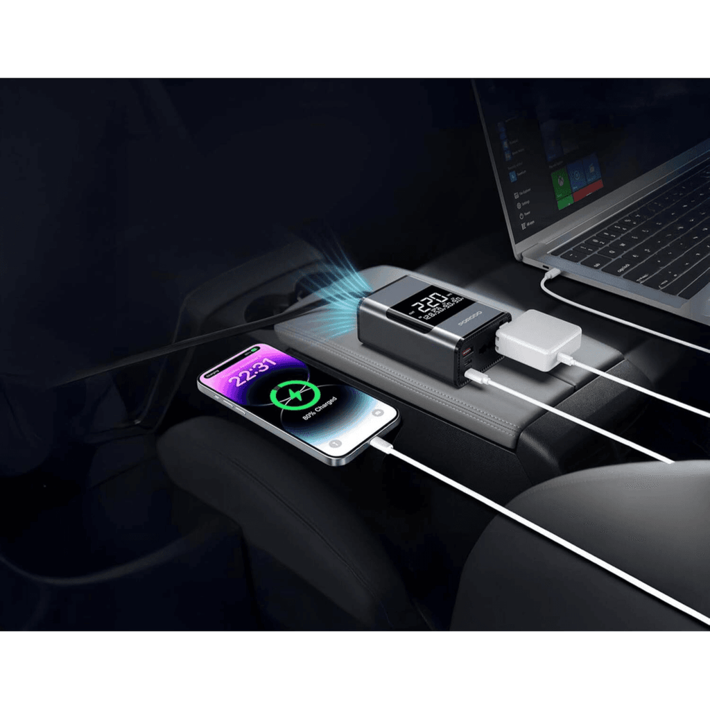 شاحن سيارة USB متعدد المنافذ Porodo Voltrush مع شاشة TFT وكابل قابل للسحب