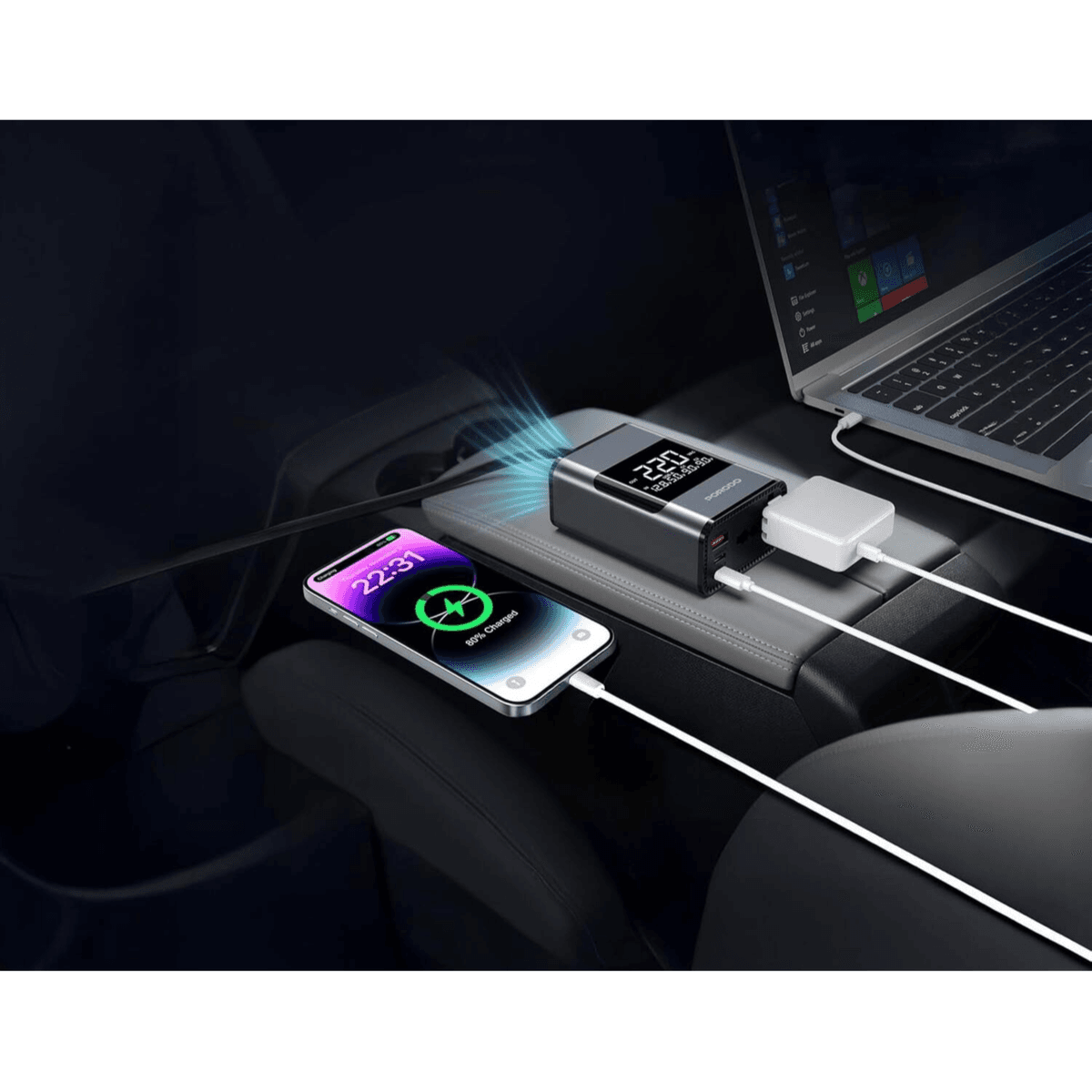 شاحن سيارة USB متعدد المنافذ Porodo Voltrush مع شاشة TFT وكابل قابل للسحب