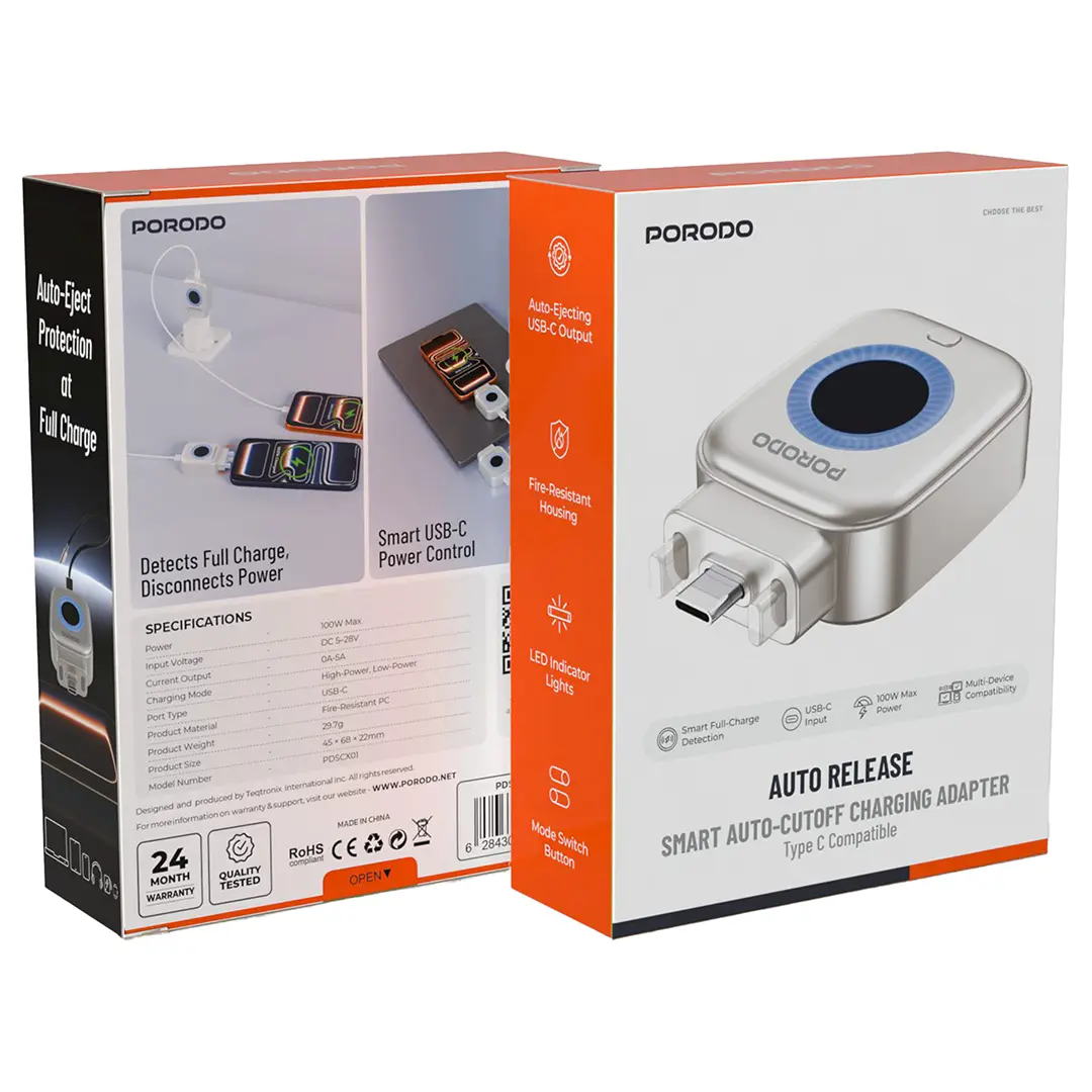 Porodo Auto Release Smart Auto-Cutoff Charging Adapter