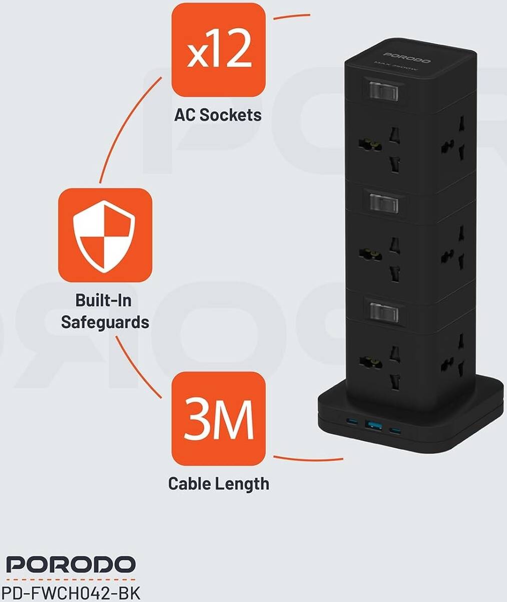 بورودو - موزع طاقة ثلاثي الأدوار 12 تيار متردد وUSB-C بقدرة 20 واط