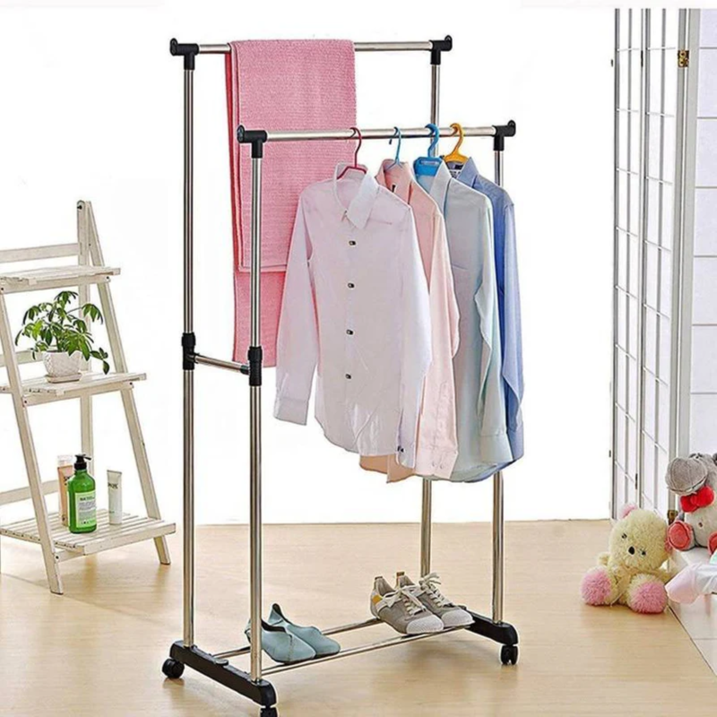 Double Pole Movable Cloth Hanger Adjustable Garment Drying Organizer Rack