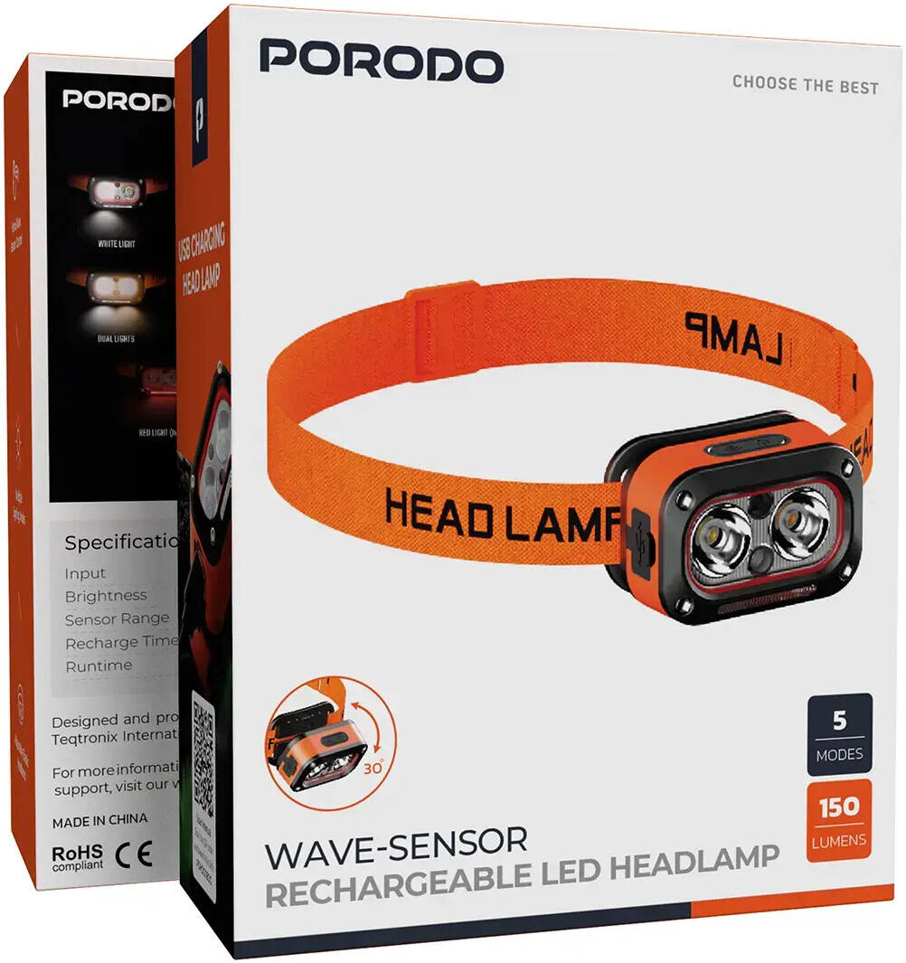 PORODO - كشاف رأس LED قابل لإعادة الشحن بمستشعر موجي