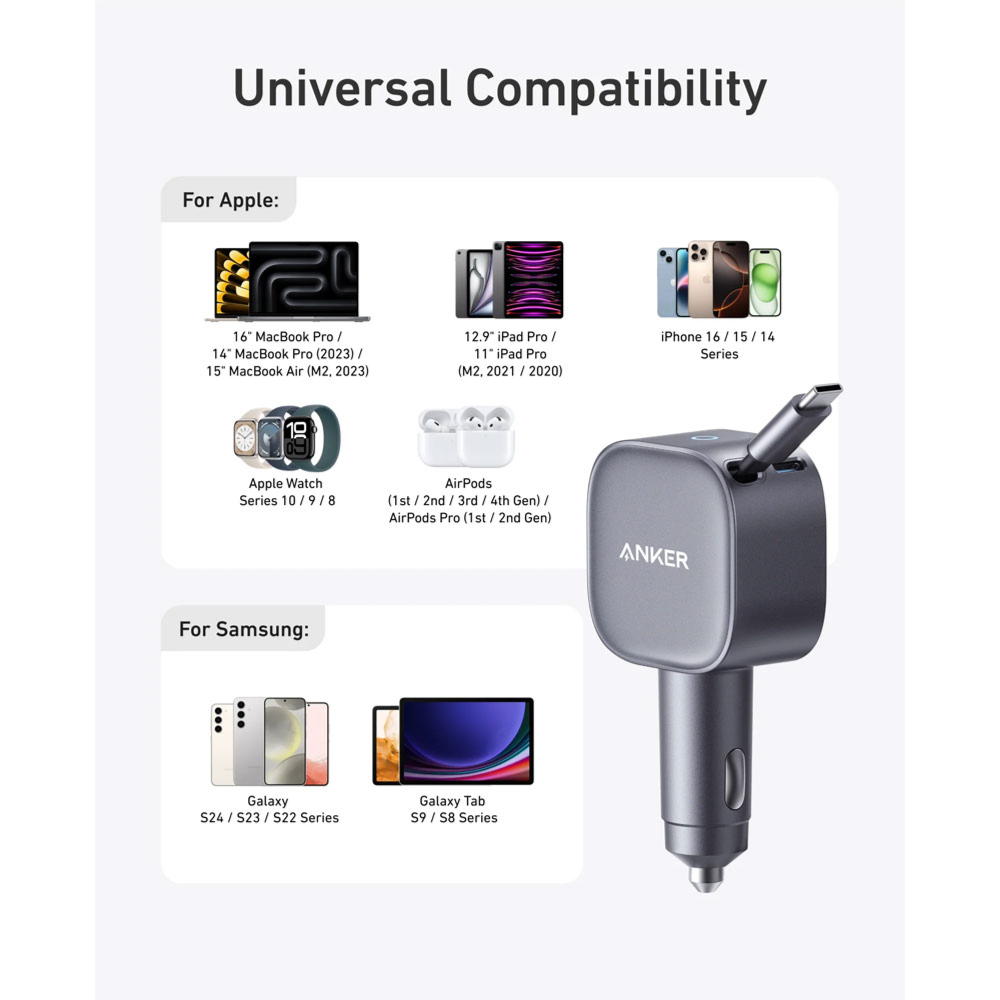 Anker Nano Car Charger With Built-in Retractable Usb-c Cable 75w A2738ha1