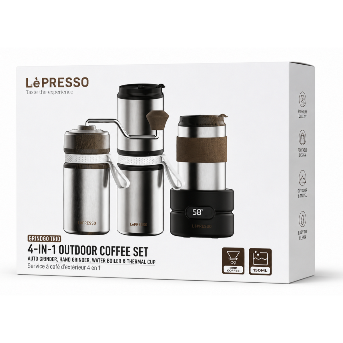 مجموعة قهوة خارجية Lepresso Grindgo Trio 4 في 1