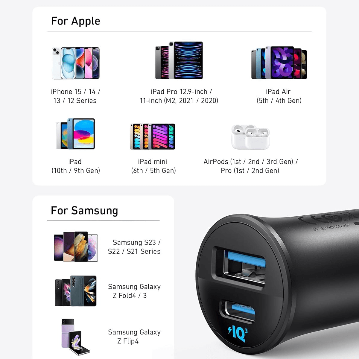 شاحن سيارة بمنفذين 30 واط من Anker مع كابلين B2741H11